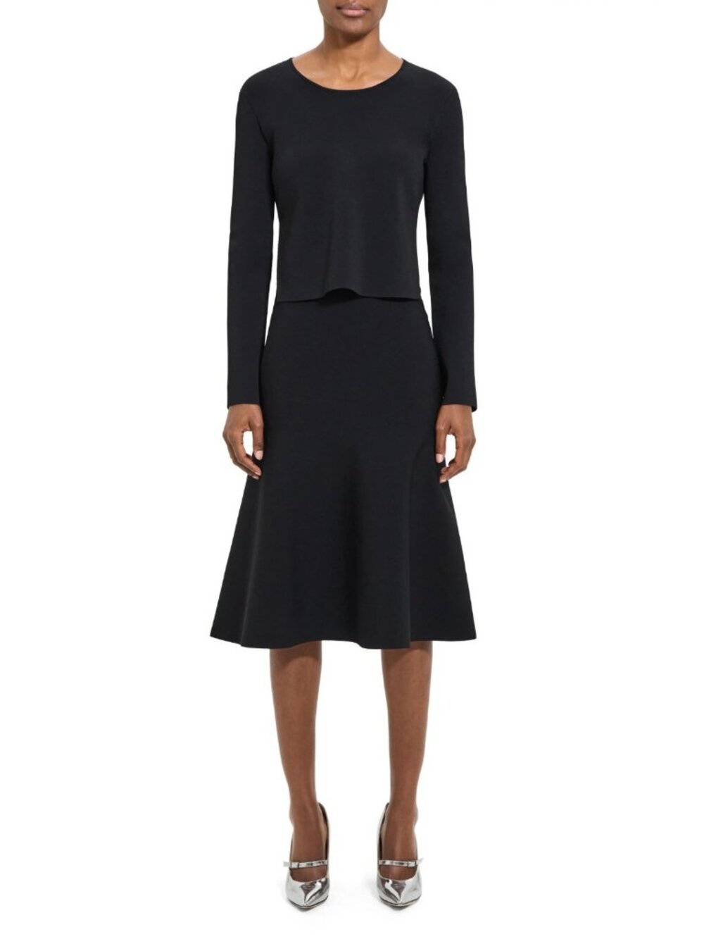 Theory Women's Compact Crepe Knit Two Layer Long Sleeve Midi Dress Black Size S